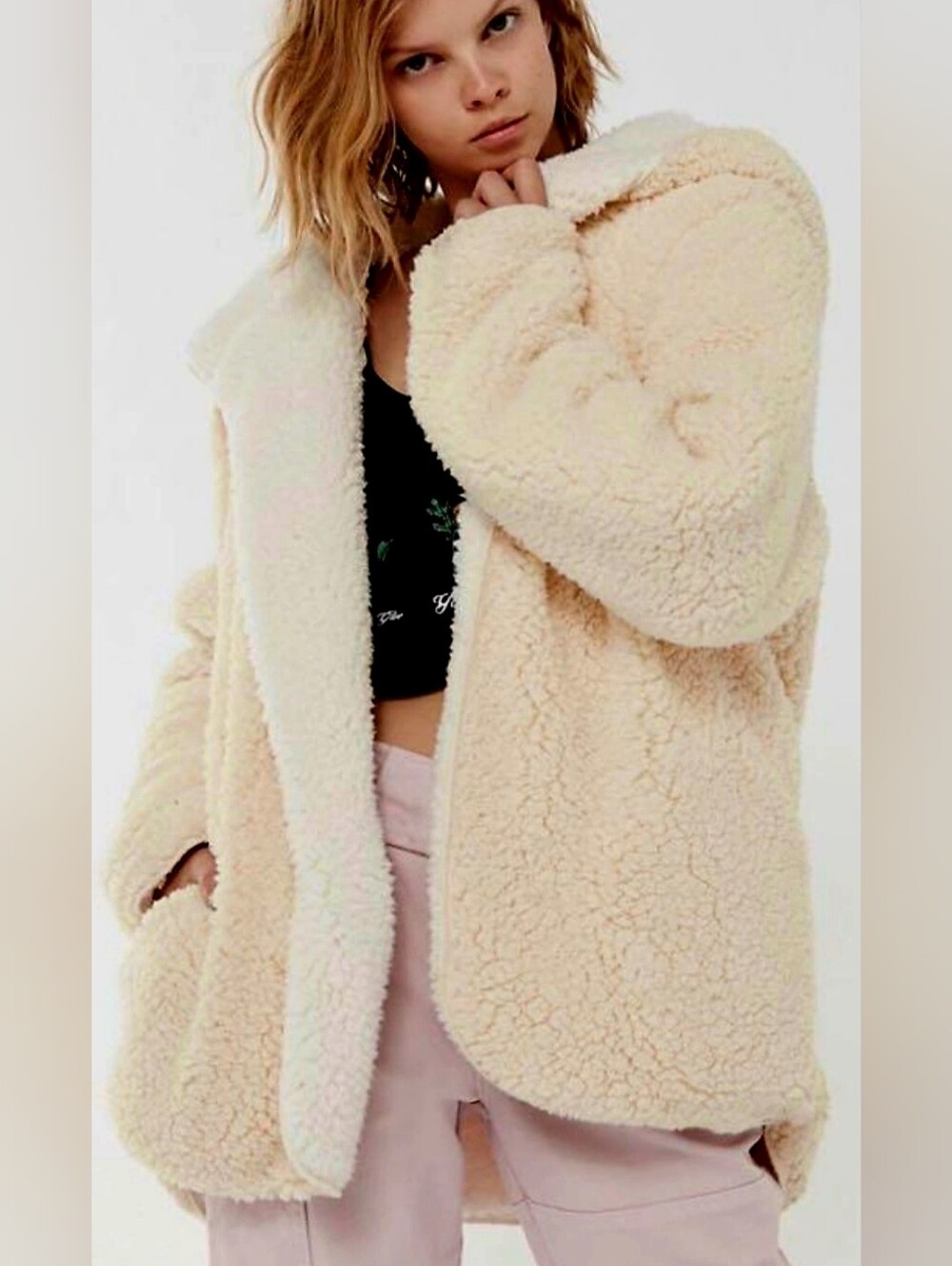 BDG Urban Outfitters Carmella Cream/White Teddy Sherpa Open-Front Jacket XS/S